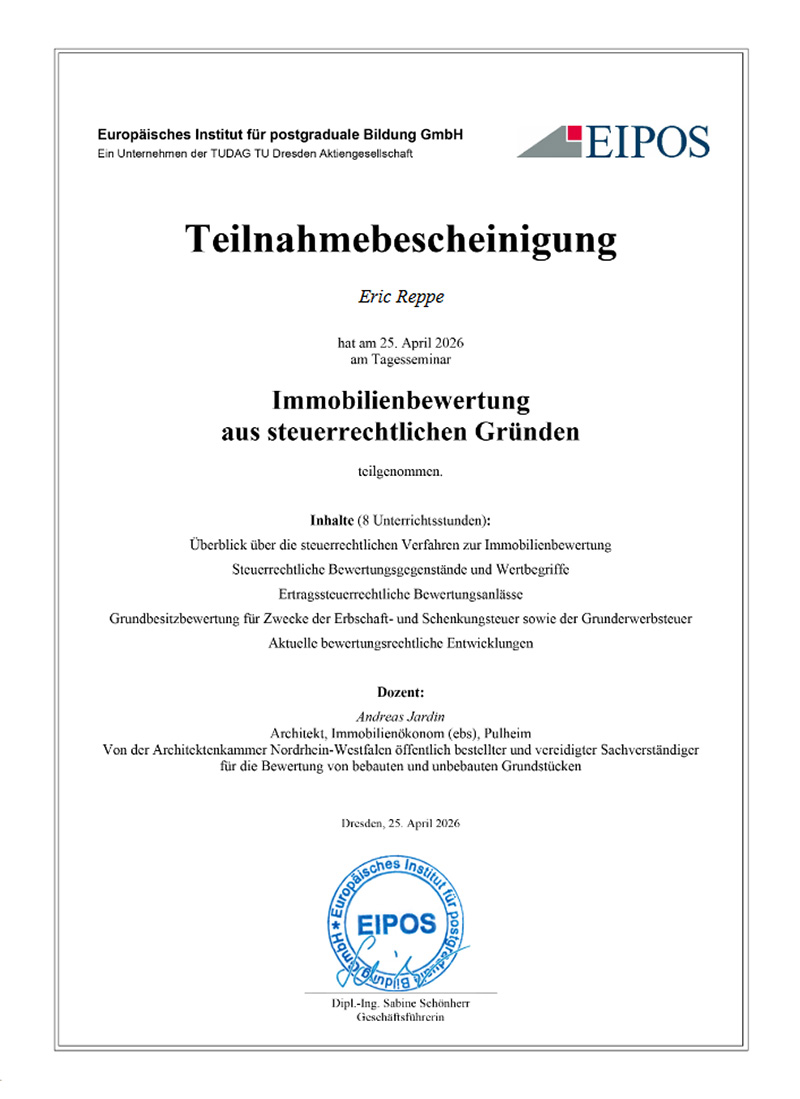 Immobilienwertermittlung aus steuerlichen Gründen - Zertifikat - Eric Reppe