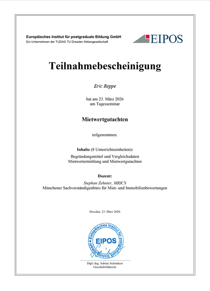Mietwertgutachten - Zertifikat - Eric Reppe