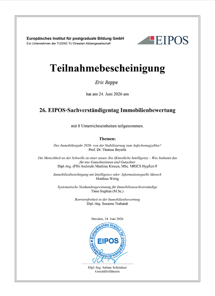 Teilnahmebescheinigung - Eric Reppe - Sachverständigentag 2026
