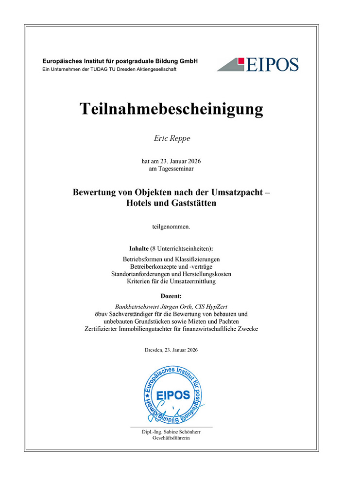 Zertifikat Eric Reppe - Gaststätten- und Hotelbewertung