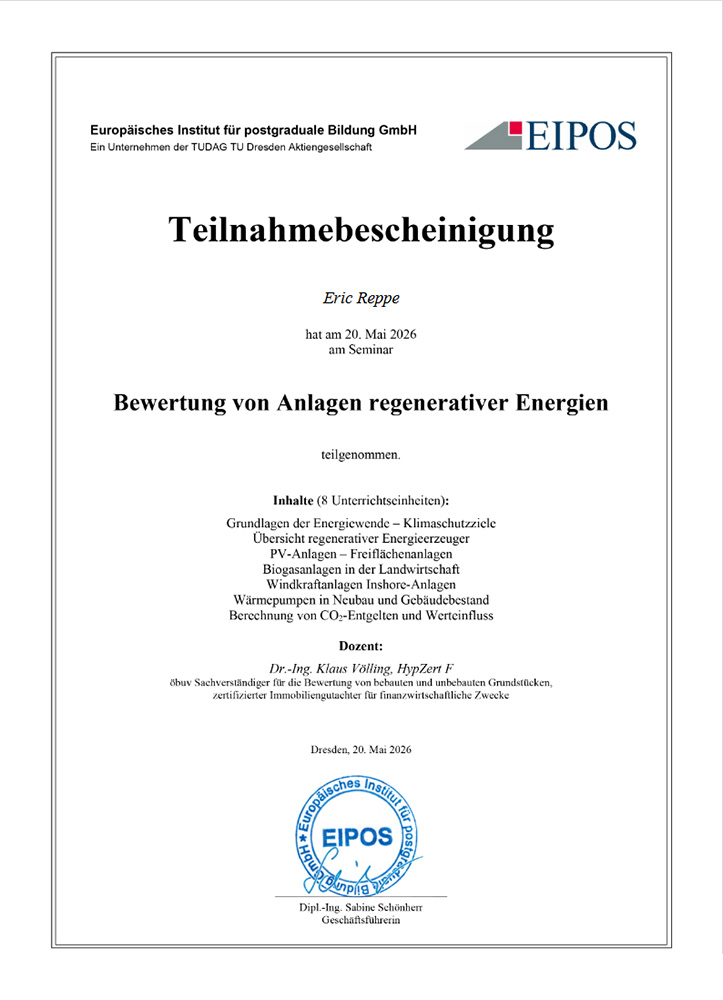 Bewertung von Anlagen regenerativer Ennergien Zertifikat Eric Reppe