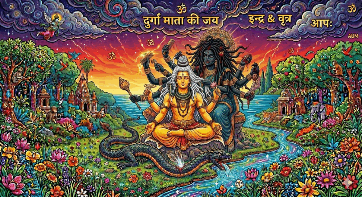 Indra mit weißen Jada und Kali mit schwarzen, blutigen Dreads sitzen gemeinsam am Flussufer…