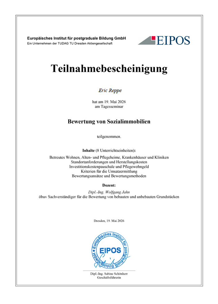 Bewertung von Sozialimmobilien Zertifikat Eric Reppe