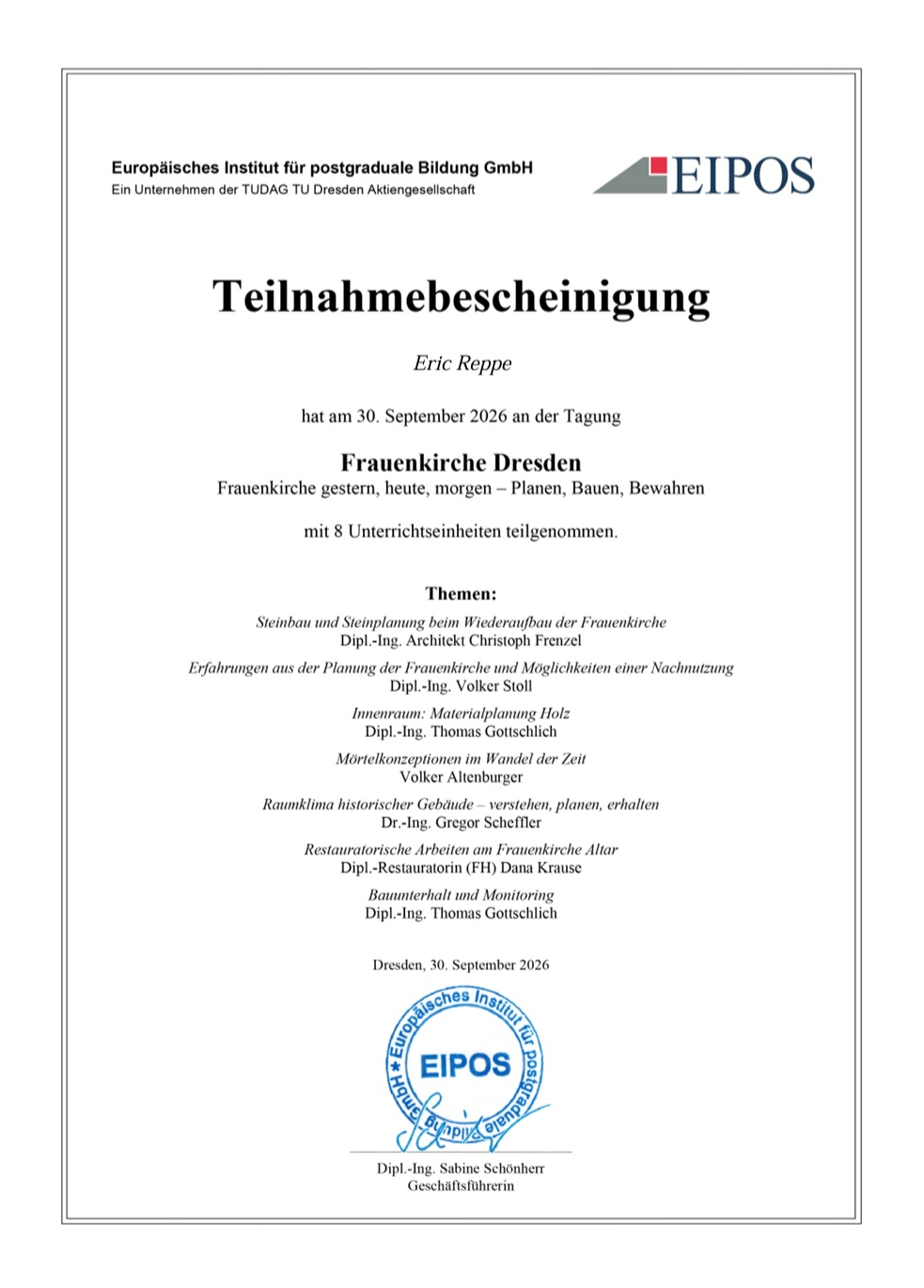 Eric Reppe - Teilnahmebescheinigung-Frauenkirche